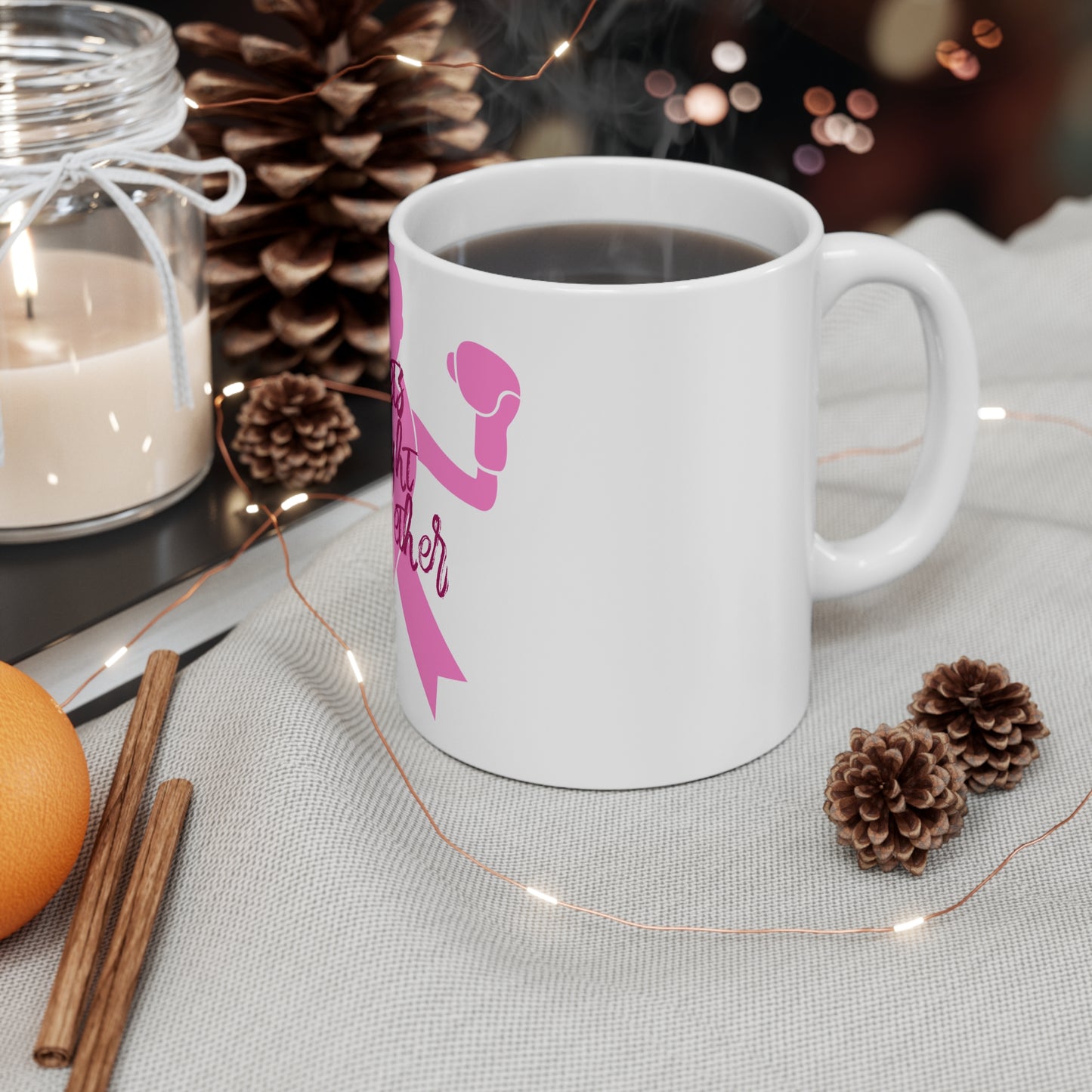 Breast Cancer Awareness Mug — "Let's Fight Together" Pink Ribbon Boxing Design
